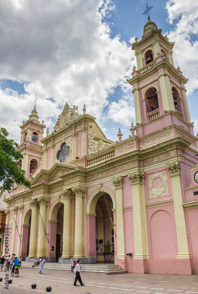 Pink and yellow Basilica Cathedral of Salta, Argentina