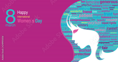 International Women's Day title with a silhouette of a woman's face and a cloud of words inside the silhouette in green, blue, pink and violet colors on a purple background