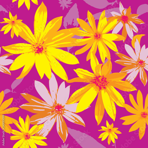 Design of abstract wildflowers on a pink background. Flowering garden. Seamless pattern of elegant yellow flowers. Floral light background for textile, fabric, wallpapers, print, decoupage.