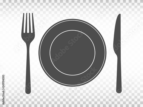 Plate with fork and knife on transparent background. Lunch concept in flat design. Restaurant icons. Tableware set on white backdrop. Menu design template. Vector illustration