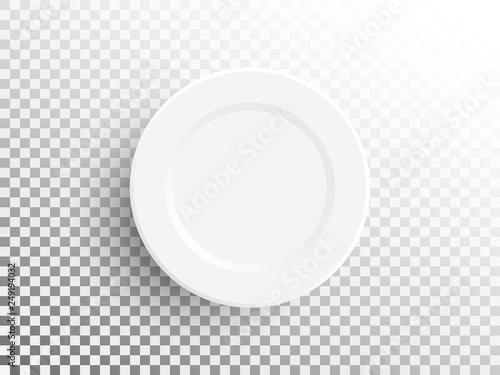 White plate isolated on transparent background. Realistic empty plate. Empty dish for food. Restaurant object template. Dishes top view on white backdrop. Vector illustration