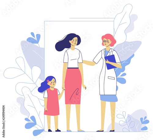 Medicine concept with doctor and family patients on plant background.