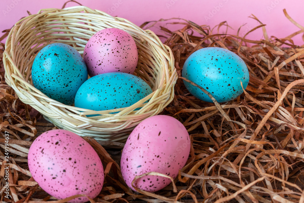 Six pink and blue Easter eggs in a basket on pink background. Close-up Easter celebratory wallpaper.