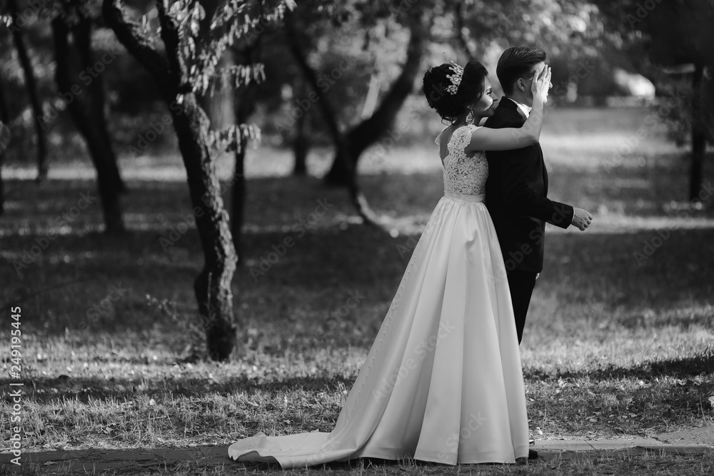 Wedding couple embracing a green park in daylight. Wedding couple embracing a green park in daylight.