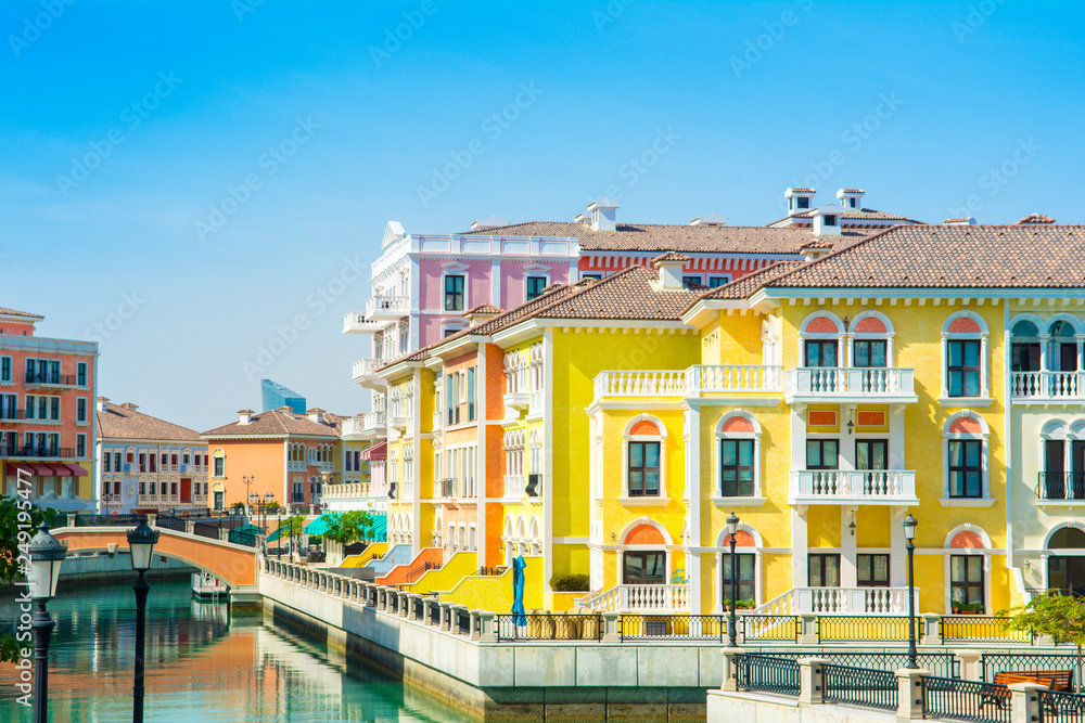 Colorful buildings in venetian style of the Qanat Quartier
