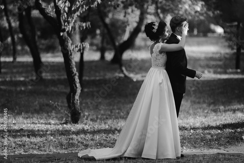 Wedding couple embracing a green park in daylight.