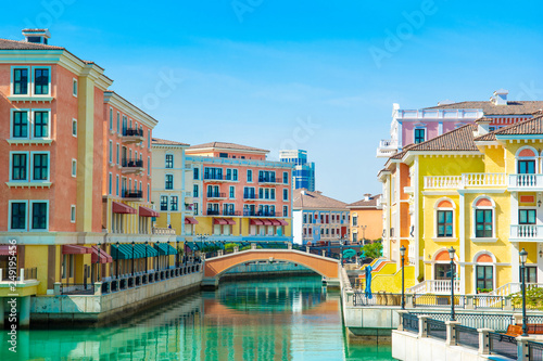 Colorful buildings in venetian style of the Qanat Quartier