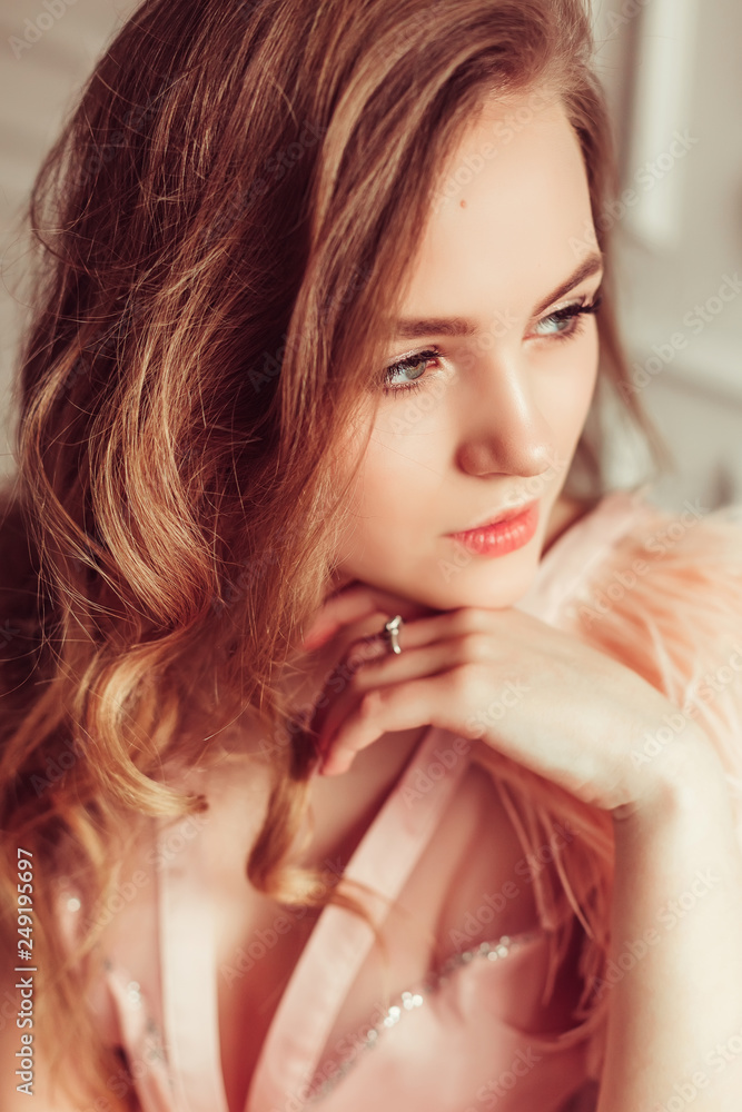 Fototapeta premium Tender emotional young sexy lady in fashion glamourous lingerie posing . Wedding, bride morning, fashion model concept