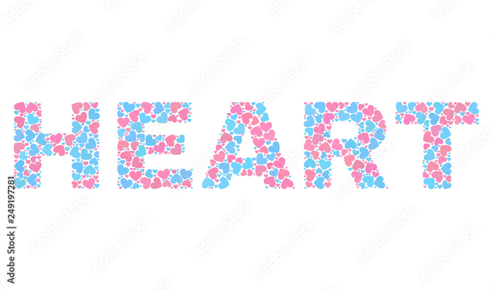 HEART text designed with scattered pink and blue lovely hearts. Text tag is isolated on a white background. Vector collage HEART for Valentine illustrations. HEART text designed with scattered pink and blue lovely hearts. Text tag is isolated on a white background. Vector collage HEART for Valentine illustrations.