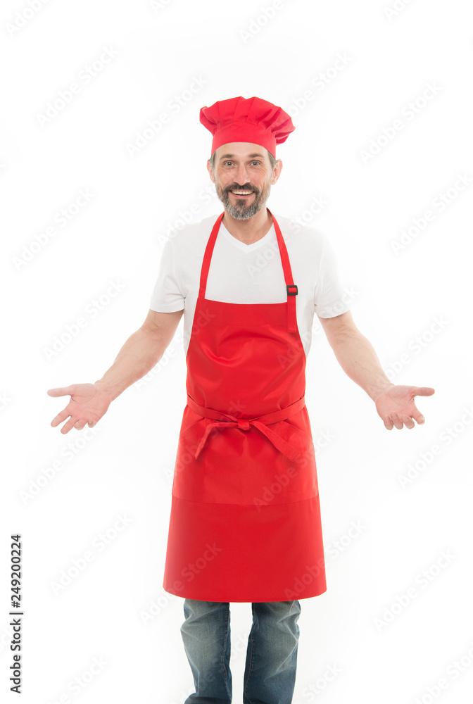 I know Im a masterchef. Bearded mature man in chef hat and apron. Senior cook with beard and moustache wearing bib apron. Mature chief cook in red cooking apron. Home cooking I know Im a masterchef. Bearded mature man in chef hat and apron. Senior cook with beard and moustache wearing bib apron. Mature chief cook in red cooking apron. Home cooking