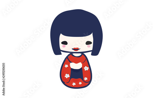 Traditional Japanese Kokeshi doll isolated vector illustration. Kawaii Kokeshi Doll girl souvenir with cute Kimono on.