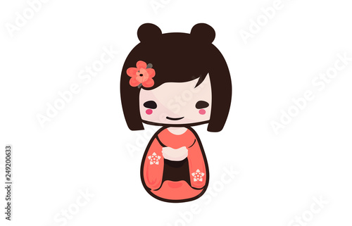 Traditional Japanese Kokeshi doll isolated vector illustration. Kawaii Kokeshi Doll girl souvenir with cute Kimono on.