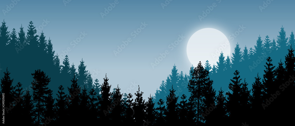Beautiful realistic widescreen vector with dark green forested mountains and a rising moon. Beautiful realistic widescreen vector with dark green forested mountains and a rising moon.