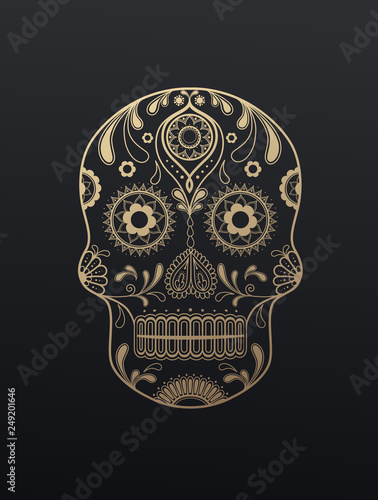 Golden Sugar Skull day of the dead vector illustration on dark background.