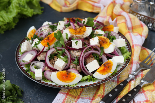 Healthy Salad of Organic lettuce with Chicken, Beet, Boiled Eggs, Red Onions and Feta Cheese