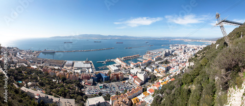 Awesome panoramic view of Gibraltar city and the bay of Algeciras, seen from the top of the rock