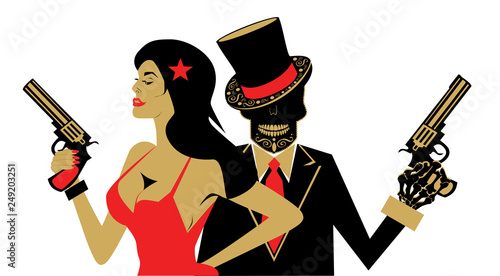 Criminal scene, man in tuxedo and a girl with pistols, cartoon