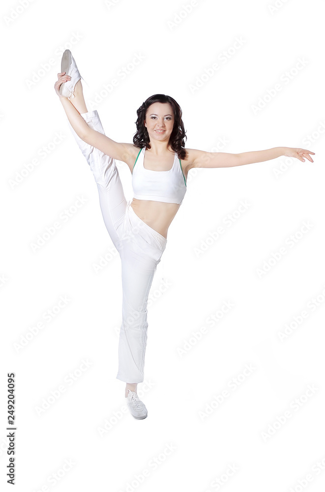 in full growth. dance coach showing exercise for stretching muscles.isolated on white in full growth. dance coach showing exercise for stretching muscles.isolated on white