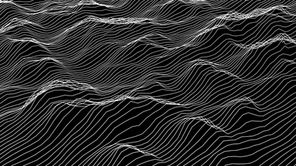 Leinwandbilder Schwarz Futuristic wireframe landscape background. Vector digital illustration from wave white lines. Geometric abstraction.  © Vitaly