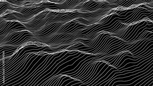 Futuristic wireframe landscape background. Vector digital illustration from wave white lines. Geometric abstraction. photo