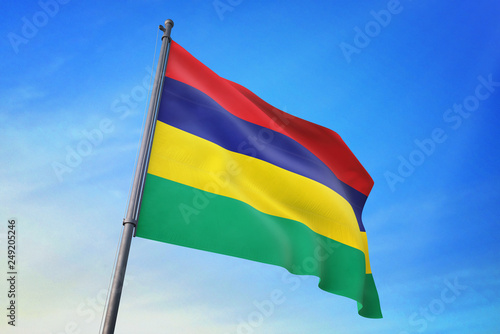 Mauritius flag waving on the blue sky 3D illustration