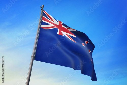 New Zealand flag waving on the blue sky 3D illustration