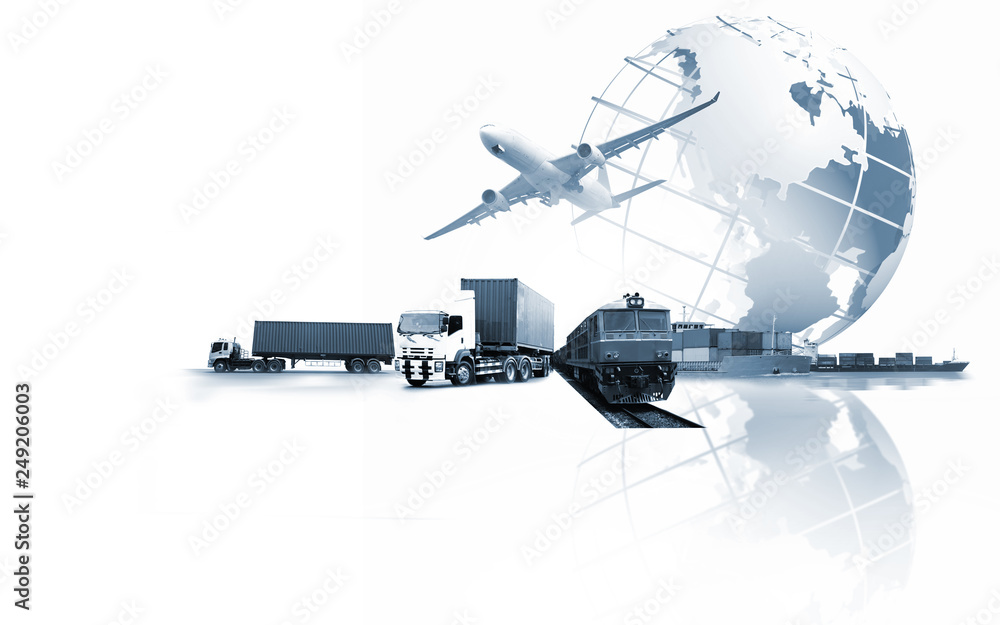 Abstract image of the world logistics, there are world map background and container truck, ship in port and airplane Abstract image of the world logistics, there are world map background and container truck, ship in port and airplane
