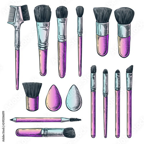 Makeup brushes vector sketch illustration. Female cosmetics design elements. Hand drawn isolated beauty tools