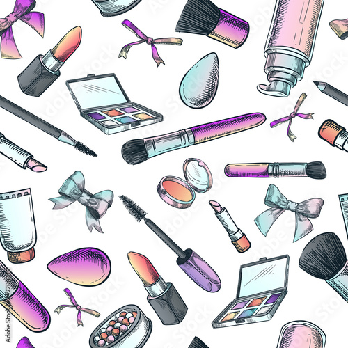 Makeup cosmetics and brushes. Vector seamless fashion pattern. Female beauty background. Sketch hand drawn illustration.