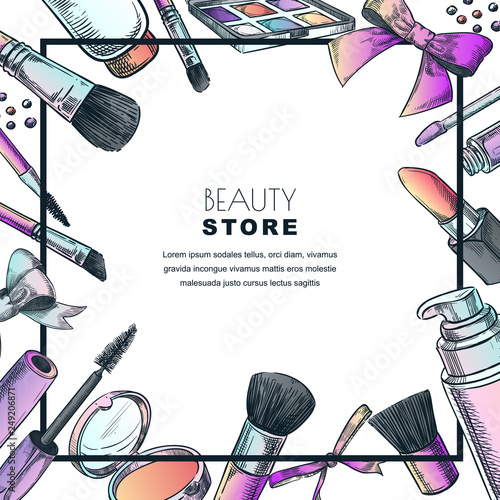 Makeup banner, poster or label design template.Sketch vector illustration of facial cosmetic. Beauty shop background.