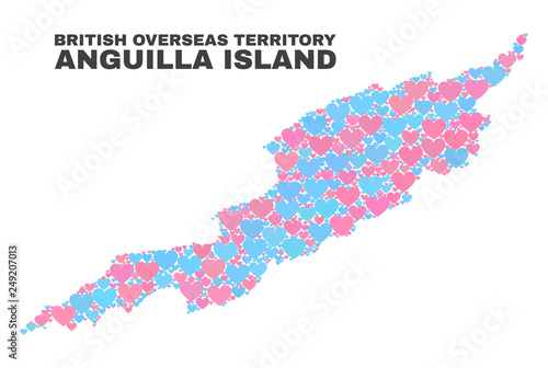 Mosaic Anguilla Island map of love hearts in pink and blue colors isolated on a white background. Lovely heart collage in shape of Anguilla Island map. Abstract design for Valentine decoration.