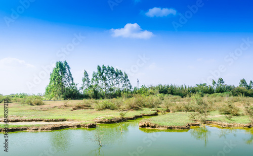 Lake and blue sky background scenery