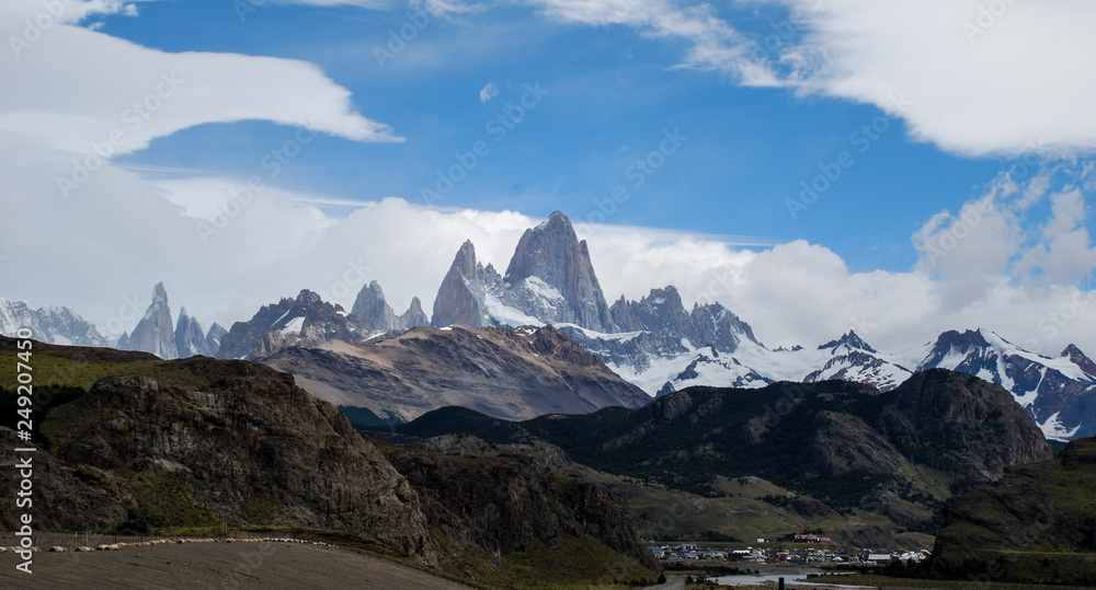 The Fitz Roy mountain over the blue sky
