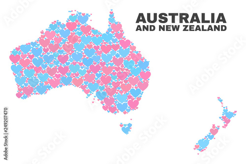 Mosaic Australia and New Zealand map of valentine hearts in pink and blue colors isolated on a white background. Lovely heart collage in shape of Australia and New Zealand map.