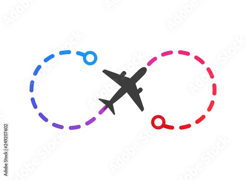 Airplane logo on color flight route from point A to point B vector illustration. Isolated simple plane on white background