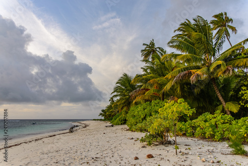 An idyllic tropical beach as the light begins to fade. There is sand  and a mixture of tropical plants to one side. There is an evening sky with clouds  and a small boat in the water.