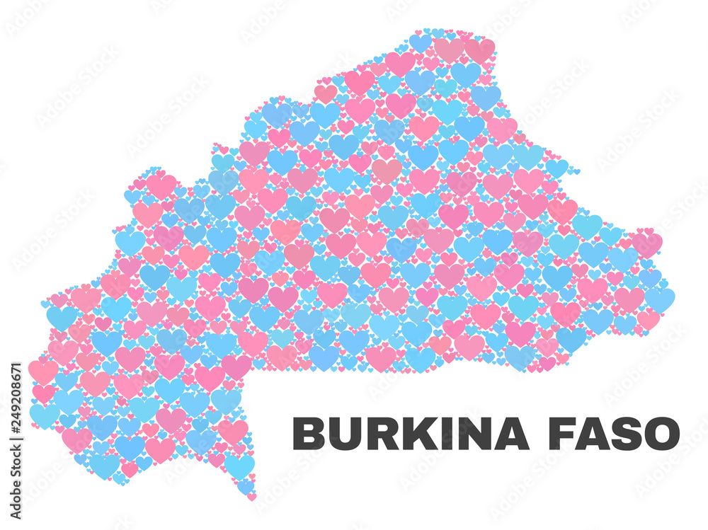 Mosaic Burkina Faso map of love hearts in pink and blue colors isolated on a white background. Lovely heart collage in shape of Burkina Faso map. Abstract design for Valentine decoration.