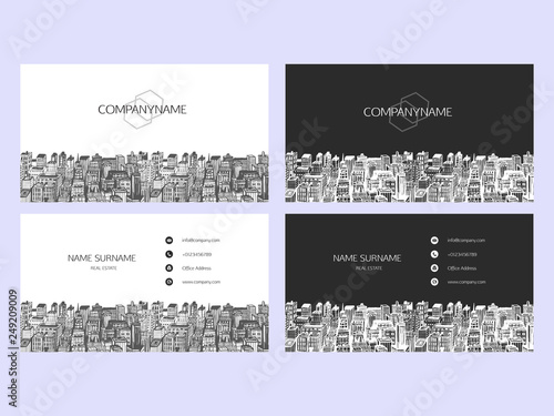 Business cards design with hand drawn cityscape background. © irsydesign