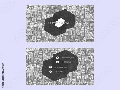 Business cards design with hand drawn cityscape background.