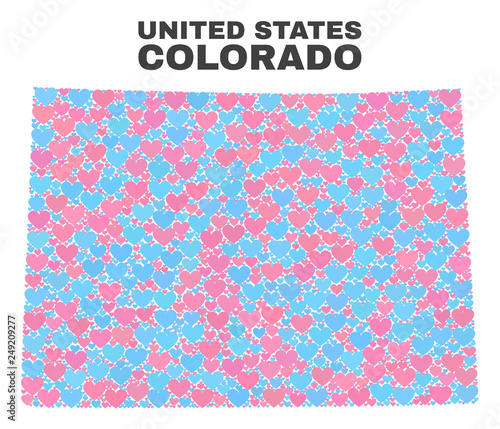 Mosaic Colorado State map of love hearts in pink and blue colors isolated on a white background. Lovely heart collage in shape of Colorado State map. Abstract design for Valentine illustrations.