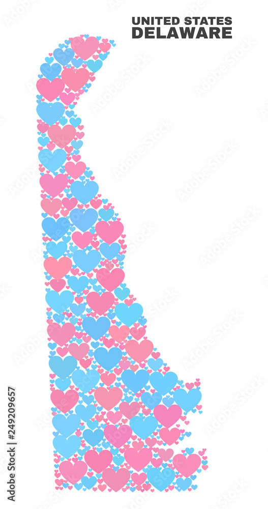 Fototapeta premium Mosaic Delaware State map of valentine hearts in pink and blue colors isolated on a white background. Lovely heart collage in shape of Delaware State map. Abstract design for Valentine decoration.