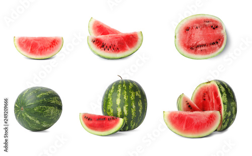 Set of delicious whole and sliced ripe watermelons on white background
