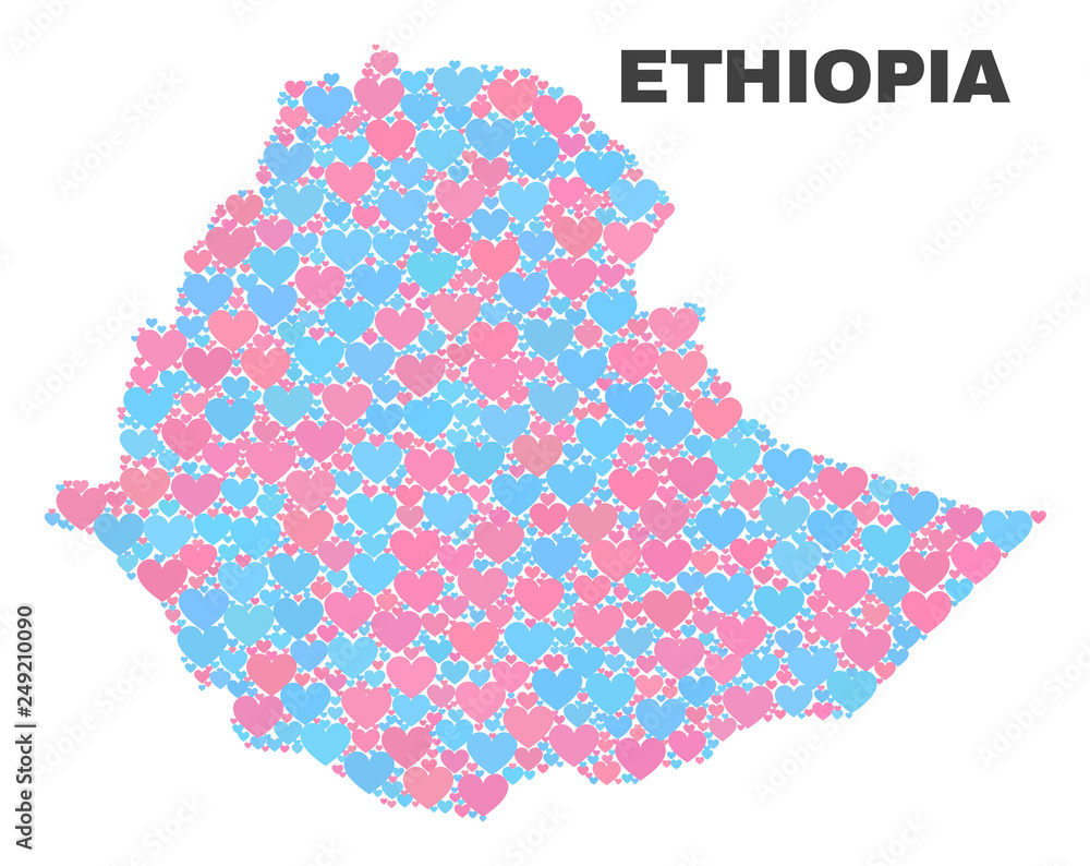 Mosaic Ethiopia map of lovely hearts in pink and blue colors isolated on a white background. Lovely heart collage in shape of Ethiopia map. Abstract design for Valentine illustrations.