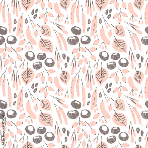 Vector fall seamless pattern on white. Abstract background with floral elements. Natural design. Autumn mood.