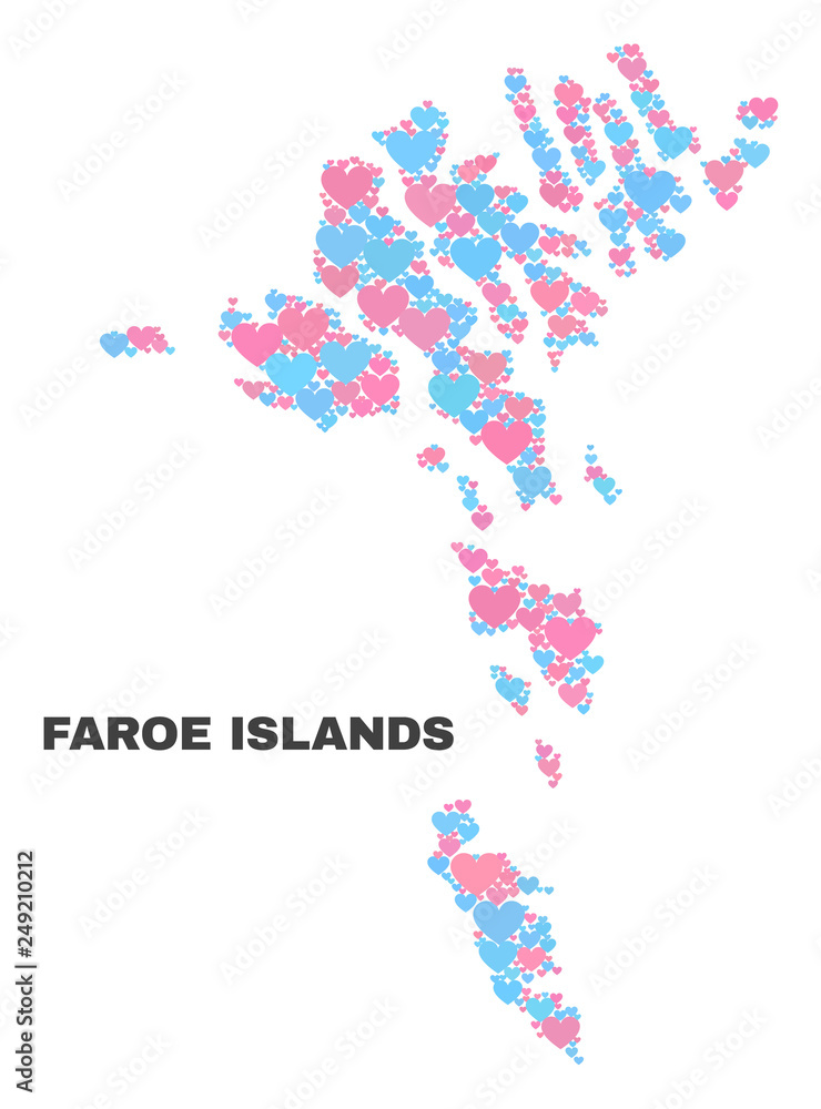 Mosaic Faroe Islands map of lovely hearts in pink and blue colors isolated on a white background. Lovely heart collage in shape of Faroe Islands map. Abstract design for Valentine illustrations.