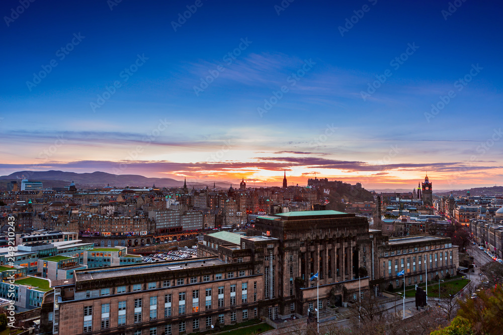 Picturesque view over evening Edinburgh old town with the Castle from Calton hill, Scotland