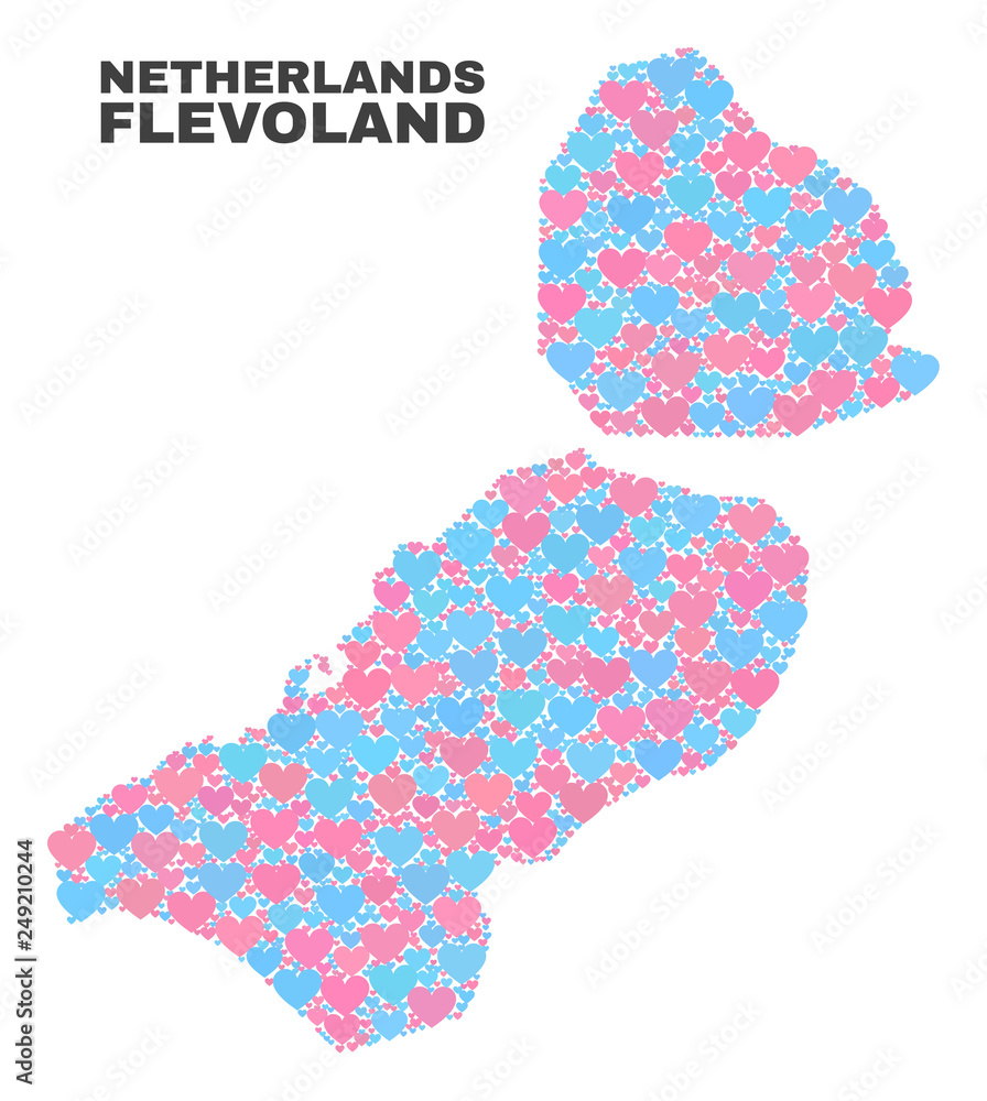 Mosaic Flevoland Province map of valentine hearts in pink and blue colors isolated on a white background. Lovely heart collage in shape of Flevoland Province map. Mosaic Flevoland Province map of valentine hearts in pink and blue colors isolated on a white background. Lovely heart collage in shape of Flevoland Province map.