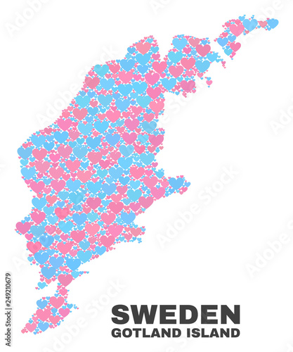 Fototapeta Naklejka Na Ścianę i Meble -  Mosaic Gotland Island map of love hearts in pink and blue colors isolated on a white background. Lovely heart collage in shape of Gotland Island map. Abstract design for Valentine decoration.