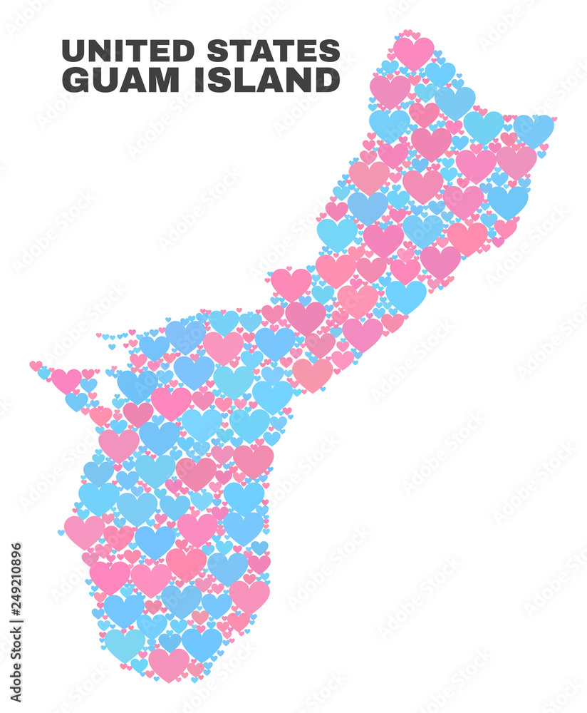 Mosaic Guam Island map of lovely hearts in pink and blue colors isolated on a white background. Lovely heart collage in shape of Guam Island map. Abstract design for Valentine illustrations.