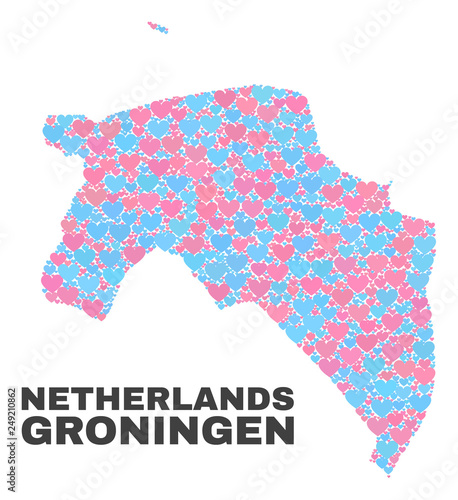 Mosaic Groningen Province map of valentine hearts in pink and blue colors isolated on a white background. Lovely heart collage in shape of Groningen Province map.